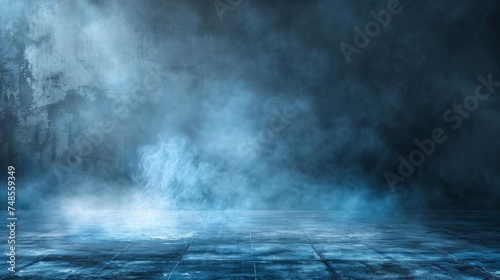 A dark room with a tiled floor, illuminated by dramatic blue lighting, filled with swirling smoke