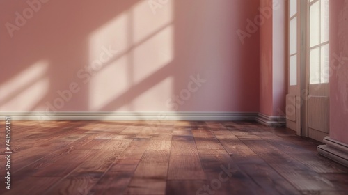 An empty room with pink walls and wooden floors illuminated by natural sunlight