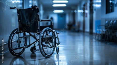 An empty wheelchair is parked in a hospital hallway, bathed in dim lighting