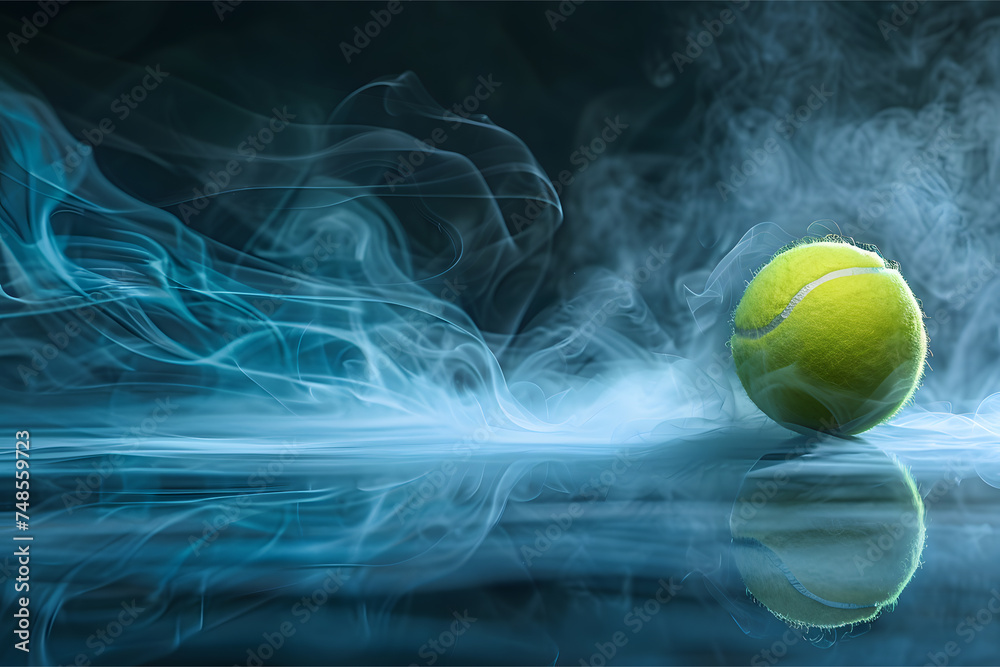 Realistic tennis ball  over a creative 3d rendered smoke and shapes background