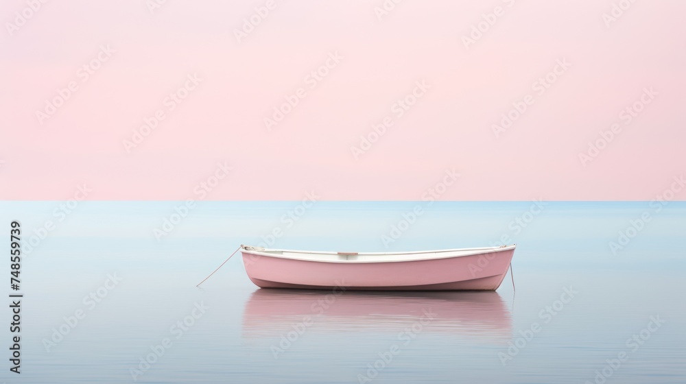 a small pink boat floating on top of a body of water with a pink sky in the backround.