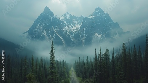 A scenic view of David Thompson Highway and mountains of the Canadian Rockies, Icefields Parkway, Alberta, Canada