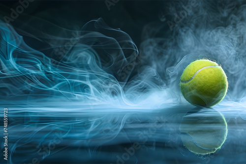 Realistic tennis ball over a creative 3d rendered smoke and shapes background