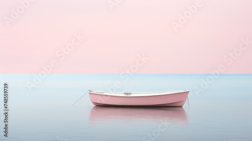 a small pink boat floating on top of a body of water with a pink sky in the backround.