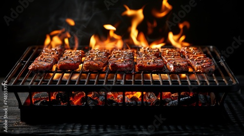 A barbecue grill with fire flames on a black background with an empty fire grid.