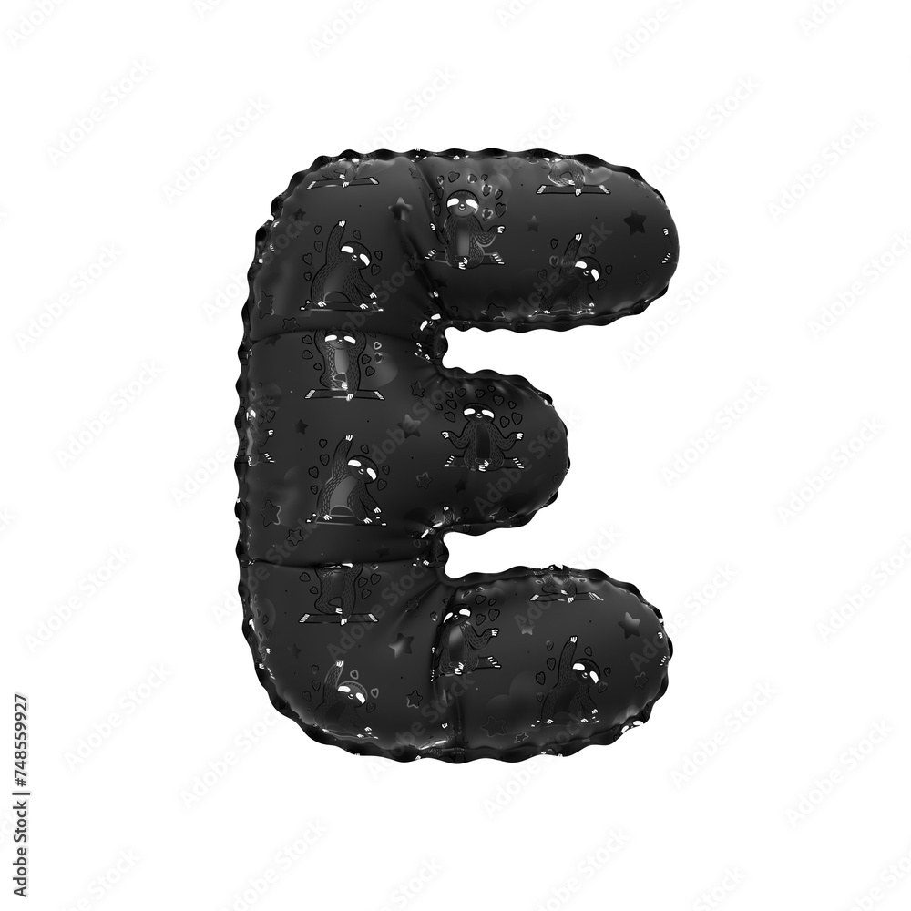 3D inflated balloon letter E with black sloth animal cartoon pattern 3D inflated balloon letter E with black sloth animal cartoon pattern