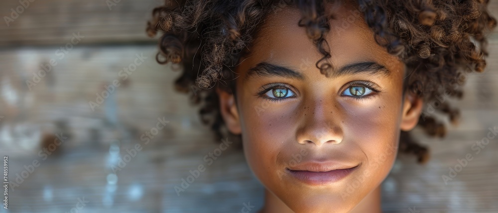 A smiling and happy African American boy is pictured looking at the camera