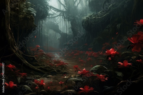 Ominous Red flowers dark jungle. Color beauty. Generate Ai