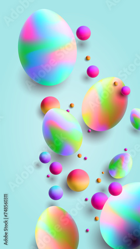 Easter banner with Easter eggs on light blue background, multicolor eggs decoration in Tie-Dye style, vector illustration