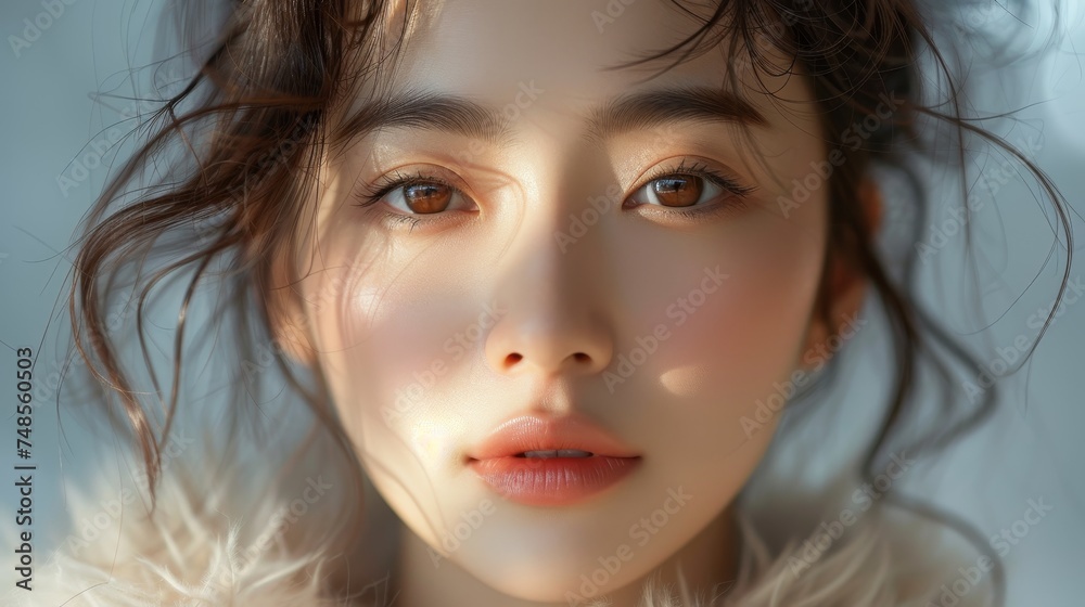 Stunning cropped photo of skincare and cosmetics concept with copy space for text. Portrait of a beautiful Asian girl touching her healthy skin.