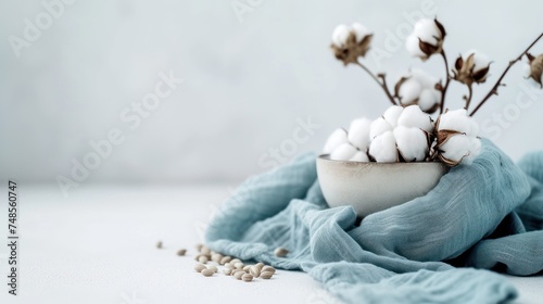 a white bowl filled with cotton sitting on top of a blue cloth next to a pile of cashews. photo