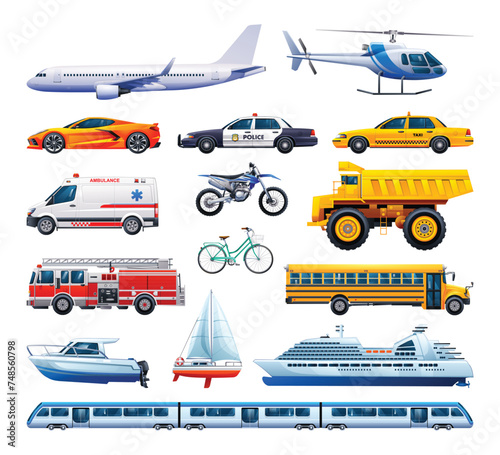 Set of transportation elements. Collection of various kinds of vehicles. Vector cartoon illustration