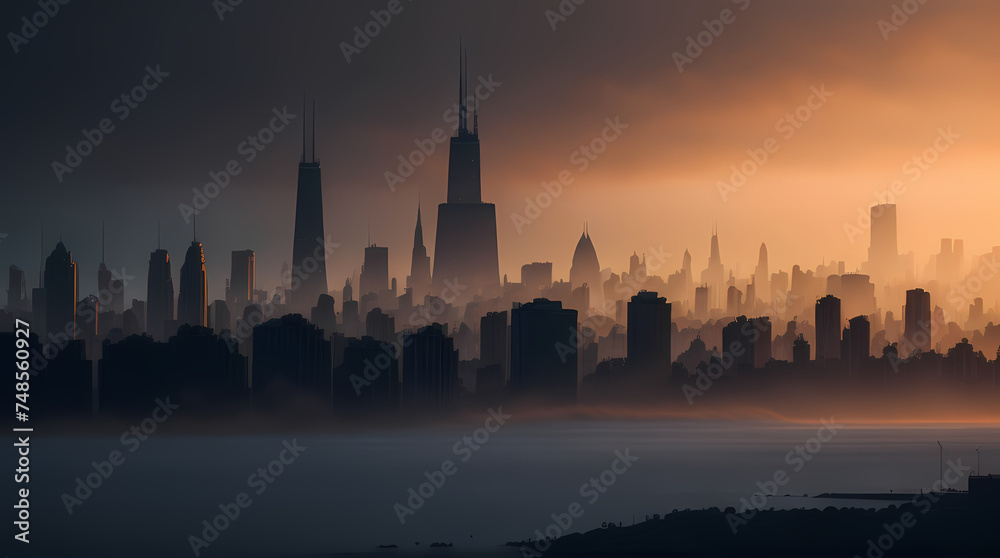 Chicago skyline blanketed in smoke and fog from intense fires in surrounding areas, impacting downtown and nearby neighborhoods, creating a tense and hazardous atmosphere across the urban landscape Chicago skyline blanketed in smoke and fog from intense fires in surrounding areas, impacting downtown and nearby neighborhoods, creating a tense and hazardous atmosphere across the urban landscape