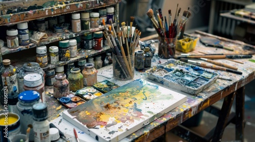 A chaotic and colorful painter's table filled with brushes, paints, and a palette, evoking the creative process.
