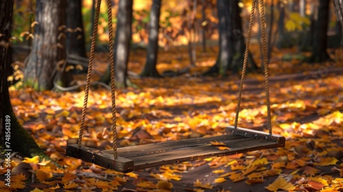 Empty wooden swing hanging in a forest with fallen autumn leaves.