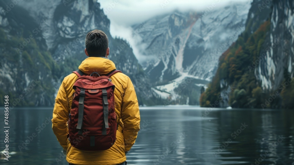 A person in a yellow jacket with a backpack overlooking a majestic fjord and mountains.