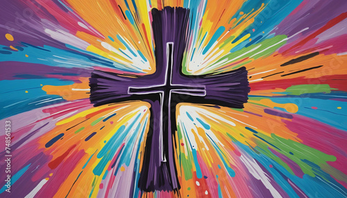 Vibrant Ash Wednesday poster, colorful abstract background spirituality, ash cross in the center, bright and hopeful mood