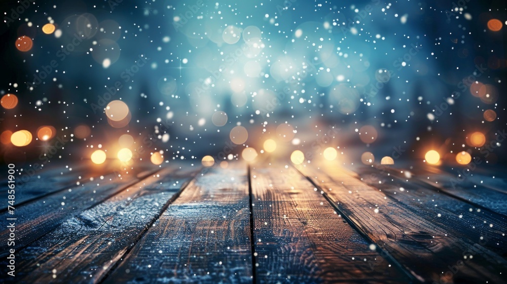 Magical blue bokeh lights on a rustic wooden background, evoking a dreamy atmosphere.