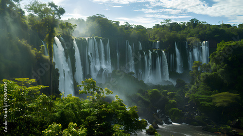 Vibrant sunlight filters through the mist of cascading waterfalls in a dense, tropical jungle environment. 