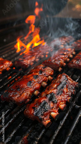 A smoky BBQ pit, ribs sizzling as they embrace the fire's touch