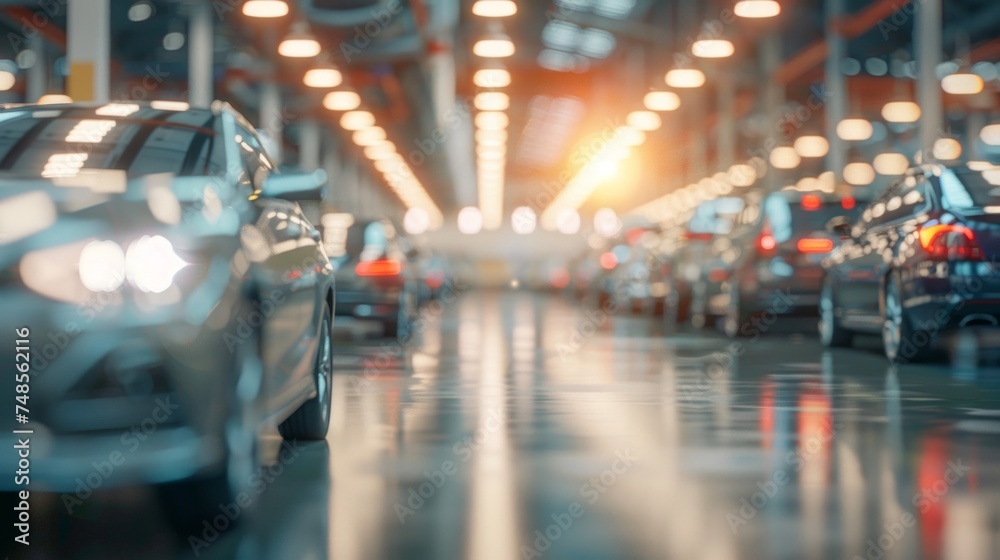 A lineup of modern cars in a showroom with reflective floors and bright overhead lighting. A lineup of modern cars in a showroom with reflective floors and bright overhead lighting.