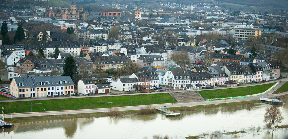 Fototapeta premium Ancient roman city of Trier, Moselle Valley in Germany, view over the Mosel river, Zurlauben, landscape in rhineland palatine 