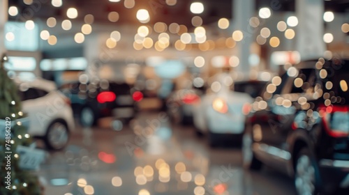 Abstract blurred image of a car dealership showroom with glowing overhead lights creating a bokeh effect. © tashechka