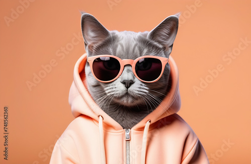 Hipster grey cat in glasses and sweatshirt of delicate peach color on the background of delicate peach color