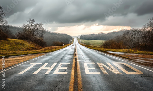 The words THE END dramatically emblazoned across a desolate highway stretching towards the horizon under an overcast sky