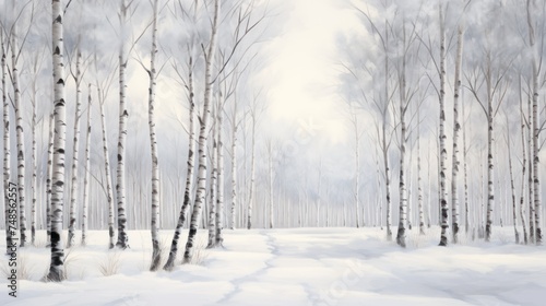 a painting of a snow covered path leading through a grove of trees with and. photo