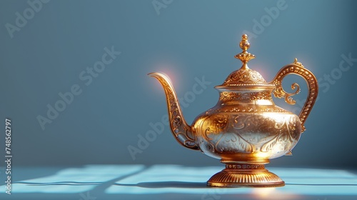 Decorative golden magic lamp for fairy tales and wish fulfillment on blue background