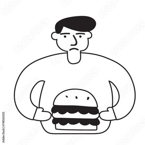 The obese man is holding a large burger. Unhealthy eating. Outline isolated icon. Hand drawn vector illustration on white background.