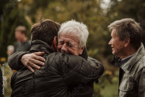 An appreciative father embraces his son during a retirement party with friends in a rural garden