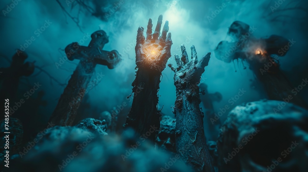 The skeletal hands of a zombie rise out of an ancient cemetery at Halloween