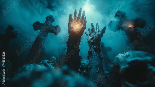 The skeletal hands of a zombie rise out of an ancient cemetery at Halloween photo