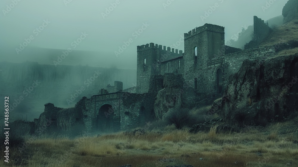 old castle in the fog