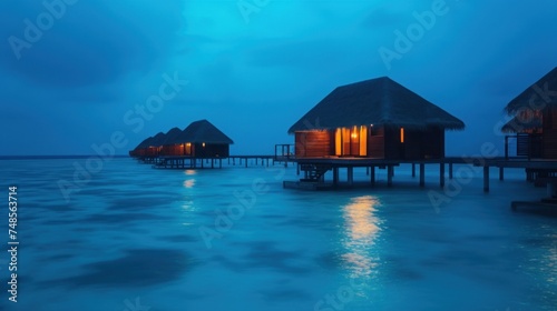 a row of huts sitting on top of a body of water next to a pier under a cloudy blue sky.
