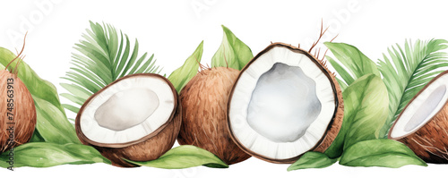 Watercolor background banner of coconuts isolated on a white background as transparent PNG