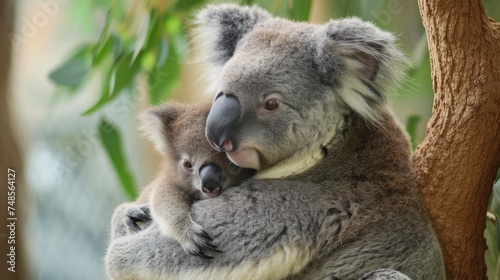 a mother koala holding a baby koala in her arms in front of a branch of a tree with leaves in the background.