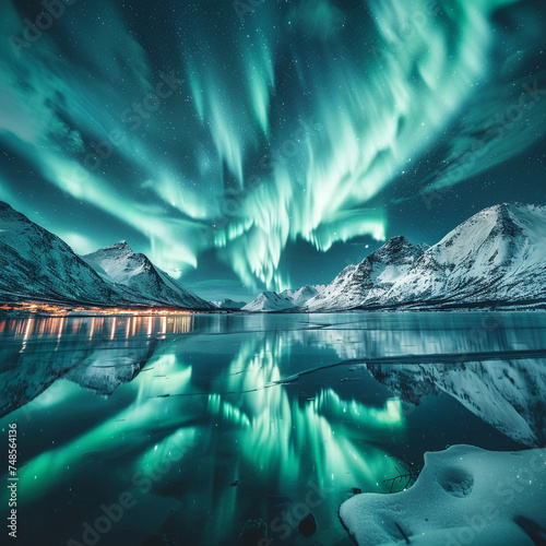 Northern lights dancing over a frozen lake in the wilderness photo