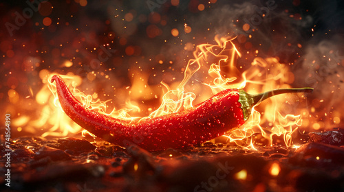 Vibrant red tones engulfing a chili in a 3D animation, evoking pure heat