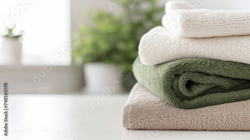 White, green and grey towel stack in modern bathroom on the table, copy space.