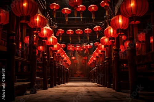 Festive Red chinese lantern street. Festival culture. Generate Ai
