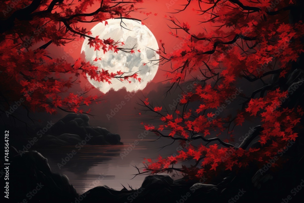 Luminous Red leaves night moon. Tropical forest. Generate Ai