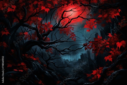 Vibrant Red leaves night foliage. Summer fantasy. Generate Ai photo