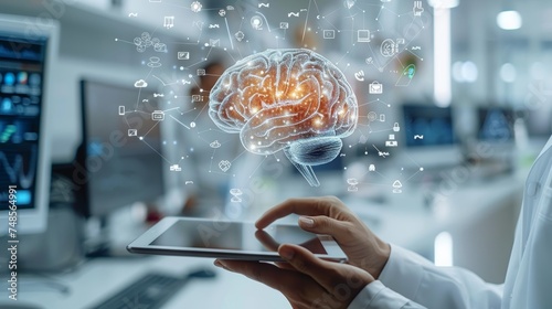 Conceptual representation of AI, machine learning, data mining and other modern computer technologies. A brain representing AI and a businessman holding a futuristic tablet. photo