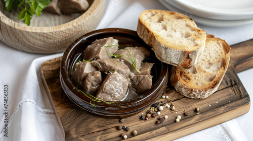 Cod liver in a bowl and two pieces of bread on a wood