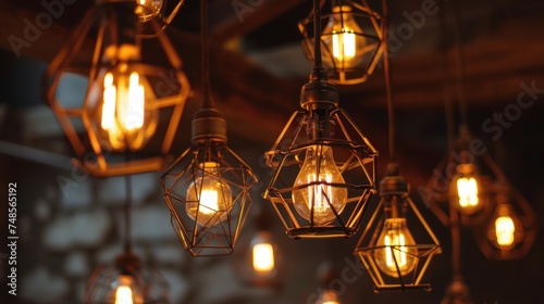 a bunch of light bulbs hanging from a ceiling in a room with a chandelier hanging from the ceiling.