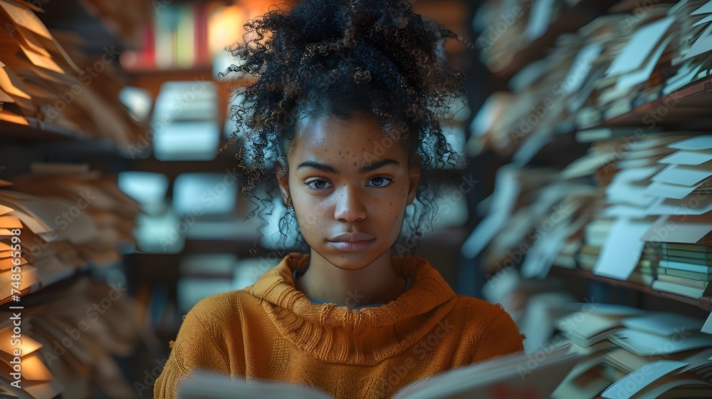 Obraz premium A Young African American Woman Exploring Books in a Library