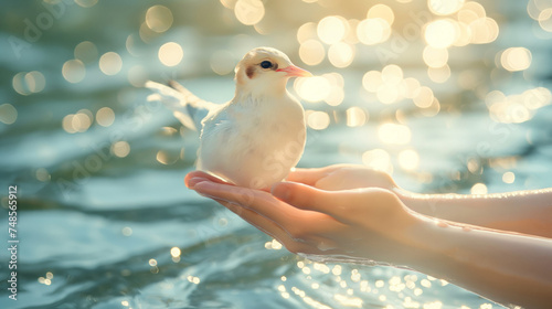 Serenity in Care: A Human Hand Nurturing a Gentle Bird